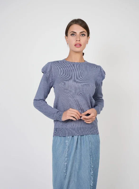 Vivid Shoulder Ruffle Sweater Chenille Blend Fleece Blend Nylon Blend