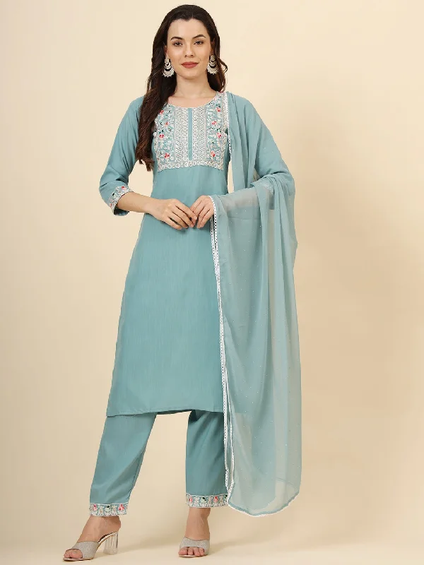 Blue Attractive Looking Readymade Pant Suit With Designer Embroidery Work Trendy Tapered Pants Blue Attractive Looking Readymade Pant Suit With Designer Embroidery Work Trendy Tapered Pants