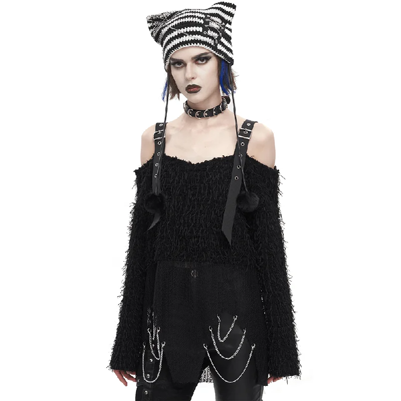 Black Fluffy Off Shoulder Irregular Sweater for Women / Punk Clothes Fitted Slim Tailored