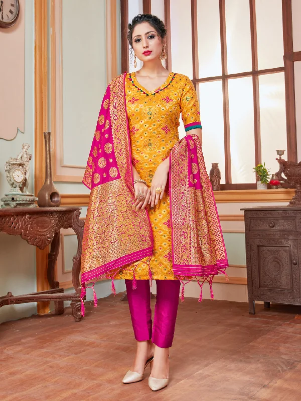 Yellow Banarasi Silk Pant Suit With Wevon Design Modern Bootcut Pants