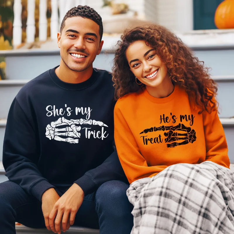 Couple Matching Halloween Sweatshirt - His Trick, Her Treat - Sizes Small to 5XL in Several Colors Hoodie with Mesh Breathable Sporty