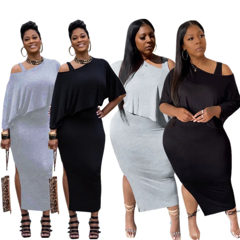 Women Solid Color Loose One Shoulder Top And Slit Skirt Stylish Two-Piece Set cashmere skirt fine