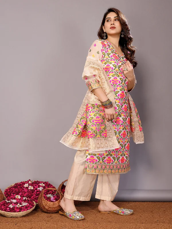Cream Designer Readymade Pant Suit With Wevon Design Classic Bootcut Trousers