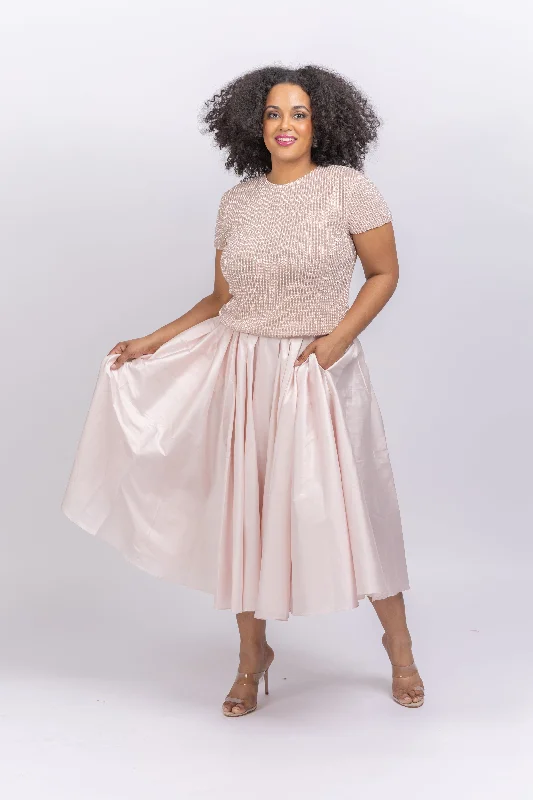 Emily Shalant Taffeta Tea Length Midi Skirt Blush tiered skirt playful