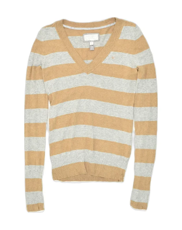 AMERICAN EAGLE Womens V-Neck Jumper Sweater UK 12 Medium Grey Striped Long Sweater Short Sweater Cropped Sweater AMERICAN EAGLE Womens V-Neck Jumper Sweater UK 12 Medium Grey Striped Long Sweater Short Sweater Cropped Sweater