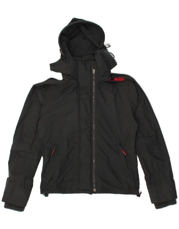 SUPERDRY Womens Hooded Windbreaker Jacket UK 14 Medium Black Nylon Boat Neck Shawl Collar Notched Collar SUPERDRY Womens Hooded Windbreaker Jacket UK 14 Medium Black Nylon Boat Neck Shawl Collar Notched Collar