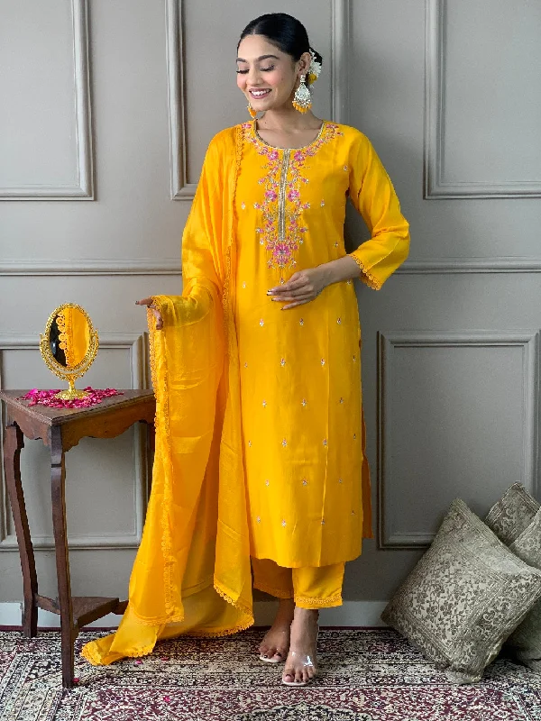 Yellow Designer Readymade Pant Suit With Embroidery Printed Work Formal Linen Trousers