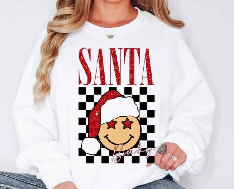 Checkered Smiley Santa Baby Graphic Sweatshirt Hoodie with Drawcord Adjustable Secure
