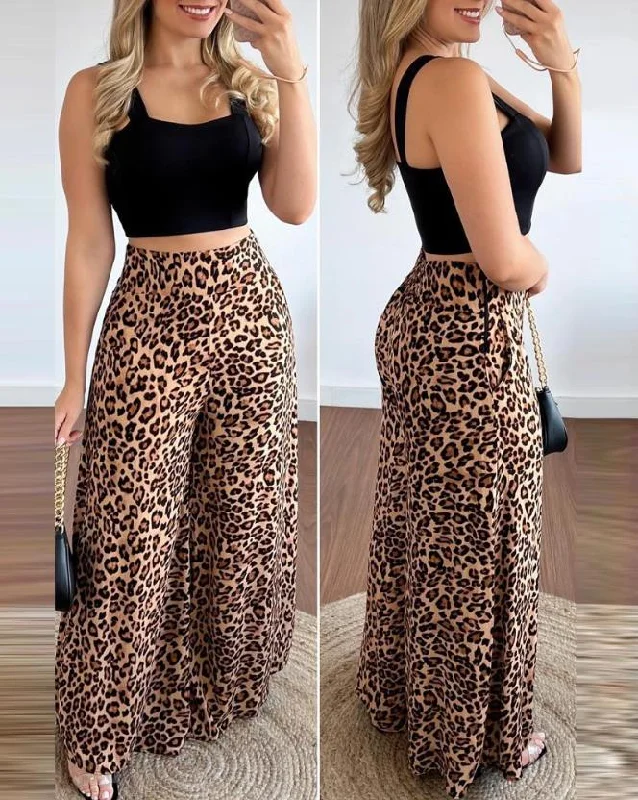 New Sexy Leaky Umbilical Women Outifits 2023 Summer Fashion Square Neck Sleeveless Crop Tank Top & Leopard Print Pocket Wide Leg Pants Set bright tank top