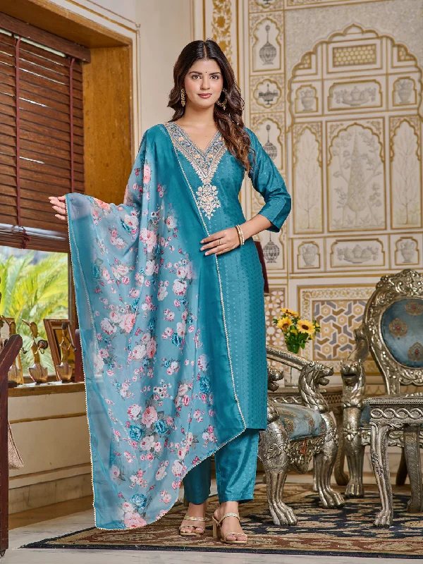 Blue Designer Readymade Chanderi Pant Suit With Printed Designer Embroidery Work Comfortable Jogger Trousers Blue Designer Readymade Chanderi Pant Suit With Printed Designer Embroidery Work Comfortable Jogger Trousers