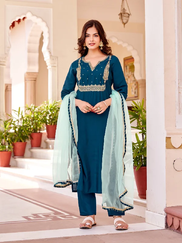 Teal Attractive Readymade Pant Suit With Designer Embroidery Work Casual Drawstring Pants
