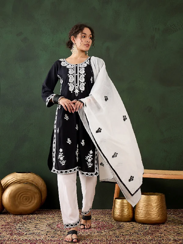 Black Attractive Looking Pant Suit With Designer Chikankari Embroidery Work Comfortable Jogging Pants Black Attractive Looking Pant Suit With Designer Chikankari Embroidery Work Comfortable Jogging Pants