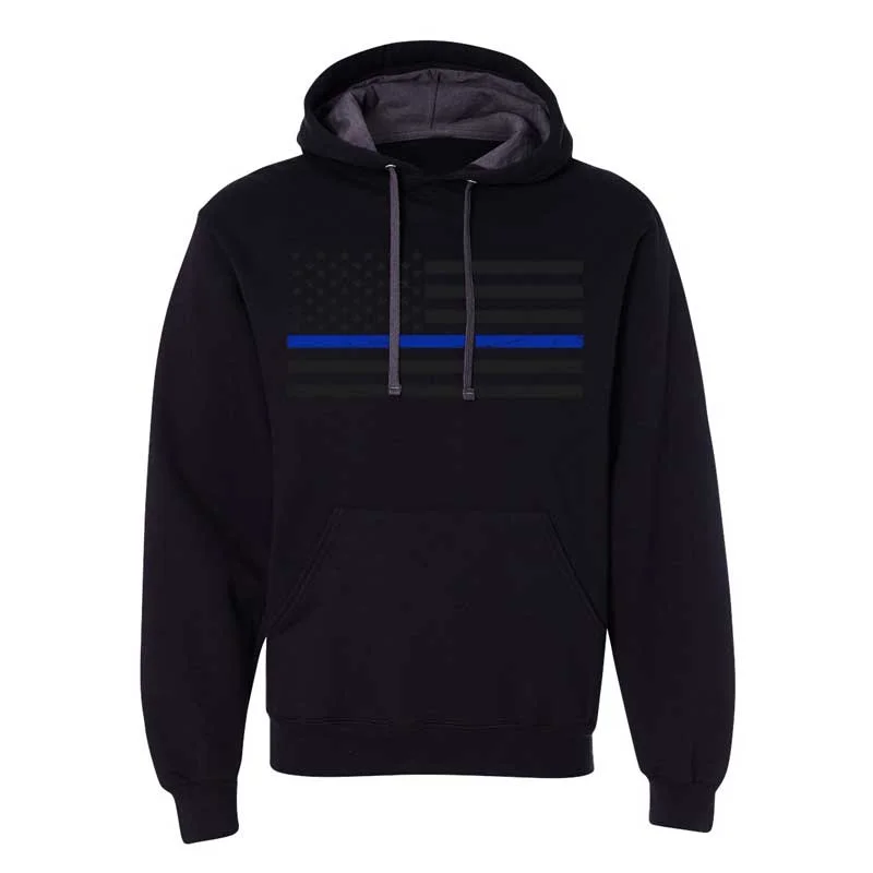 Hoodie - Thin Blue Line Subdued, Distressed, Classic Hoodie with Distressed Vintage Worn