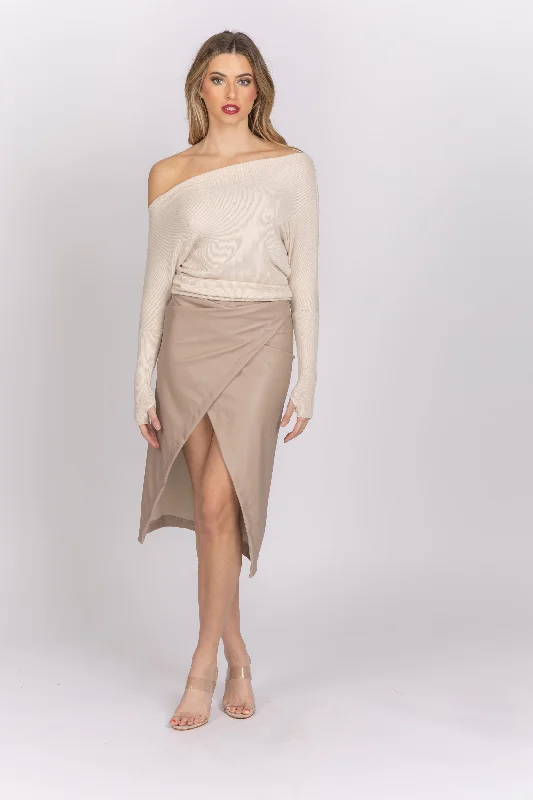 Enza Costa Matte Vegan Leather Wrap Skirt in Putty ribbed skirt waist