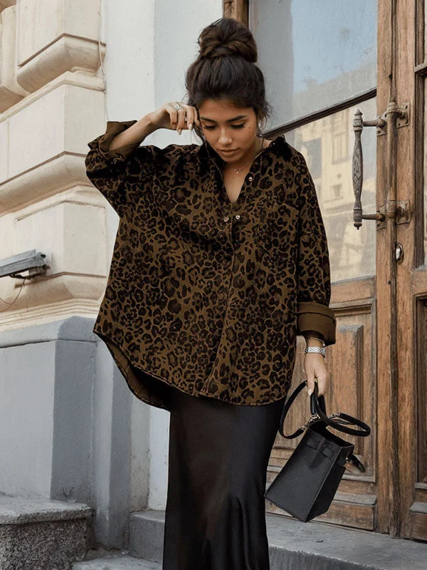 Long Sleeve Leopard Print Shirt Jacket Satin Fabric Silk Fabric Chiffon Fabric
