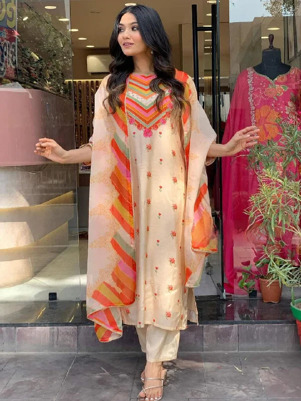 Orange Attractive Designer Readymade Pant Suit With Printed Embroidery Work Classic Cropped Pants