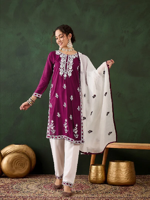 Purple Attractive Looking Pant Suit With Designer Chikankari Embroidery Work Casual Drawstring Pants Purple Attractive Looking Pant Suit With Designer Chikankari Embroidery Work Casual Drawstring Pants