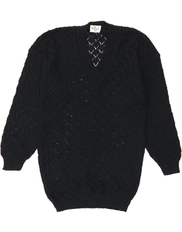 VINTAGE Womens V-Neck Jumper Sweater UK 14 Medium Navy Blue Cotton Jersey Fabric Tulle Fabric Batik Fabric VINTAGE Womens V-Neck Jumper Sweater UK 14 Medium Navy Blue Cotton Jersey Fabric Tulle Fabric Batik Fabric