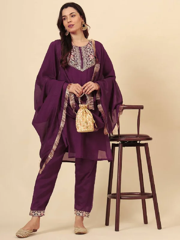 Purple Designer Readymade Pant Suit With Embroidery Work Casual Sweatpants Style