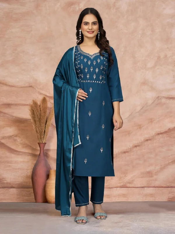 Teal Trendy Designer Readymade Pant Suit With Embroidery Work Fashionable Button-Up Pants