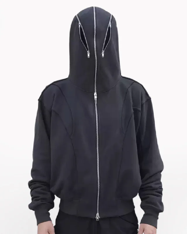 Streetwear Full Zip Mask Hoodie Jacket Zip Front Button Front Snap Front