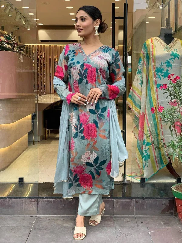 Grey Attractive Looking Readymade Pant Suit With Designer Printed Embroidery Work Comfortable Fleece Pants