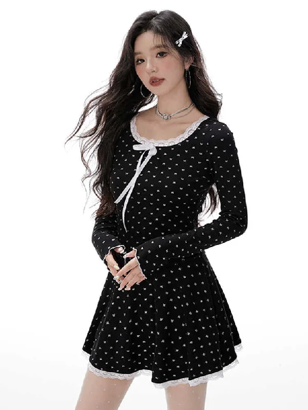 Bow Lace Slim Knit A-Line Dress IMO0072 Cowl Neckline Elegant