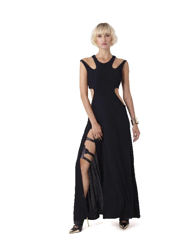 Falline black long Dress Tunics Bridal satin