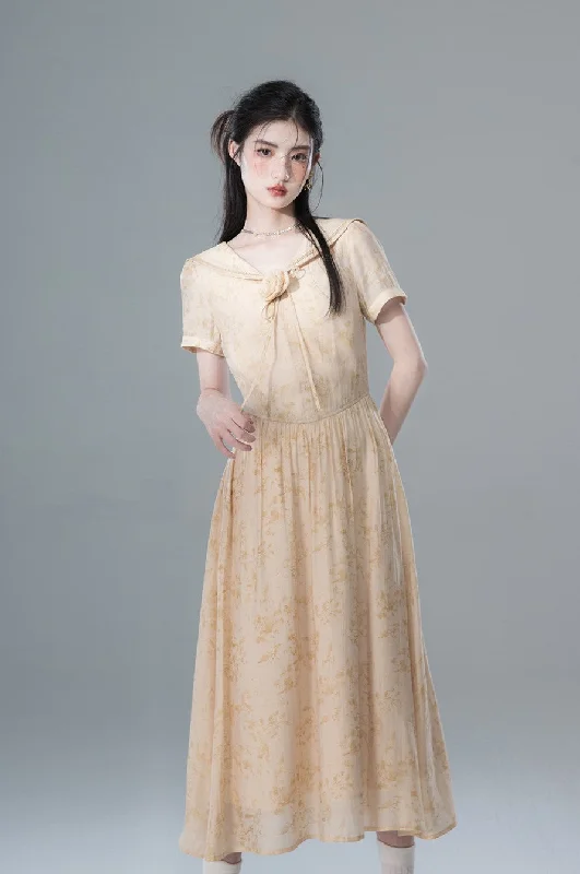 Fallen Leaves Apricot Yellow Atmosphere Short-sleeved Dress COT0133 Tunics Chic elegant