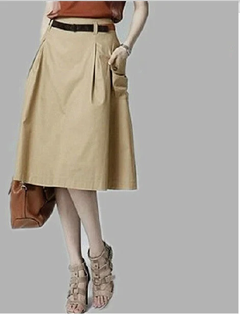 Fashion Style Casual A-line Pockets Skirt Khaki and Black Solid Midi Princess Button Women Skirts summer skirt style