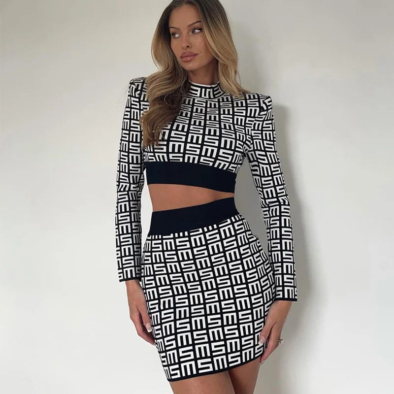 Women'S Fashion Graphic Print Stand Collar Long-Sleeved Cropped Tops Slim Fit Skirt Sets ruffled skirt detail Women'S Fashion Graphic Print Stand Collar Long-Sleeved Cropped Tops Slim Fit Skirt Sets ruffled skirt detail