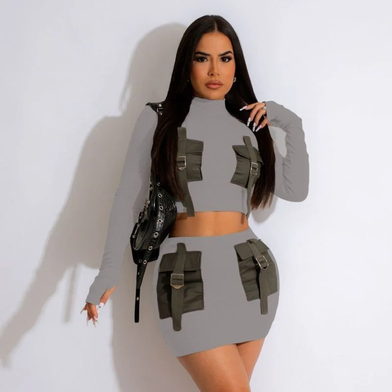 Women'S Fashion Casual Mock Neck Long-Sleeved Top And Hip Wrap Skirt Two-Piece Suit belted skirt waist Women'S Fashion Casual Mock Neck Long-Sleeved Top And Hip Wrap Skirt Two-Piece Suit belted skirt waist