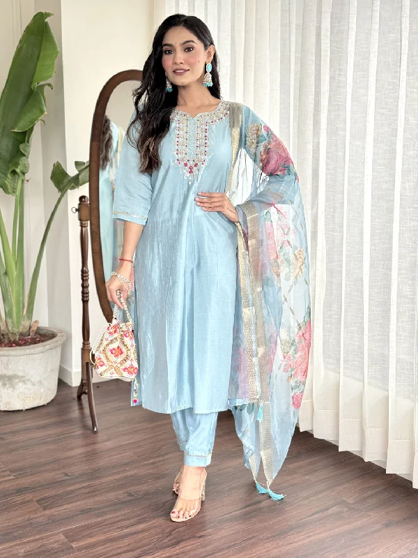 Sky Blue Attractive Looking Readymade Pant Suit With Printed Embroidery Work Stylish Slim Trousers