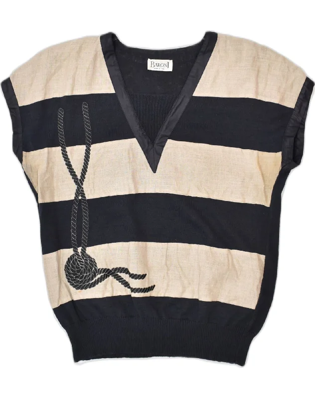BARONI Womens Graphic Vest Tank Top IT 44 Medium Black Striped Linen fitness tank top
