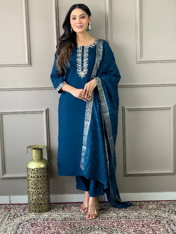 Blue Attractive Looking Redaymade Pant Suit With Designer Embroidery Work Chic Wool Trousers