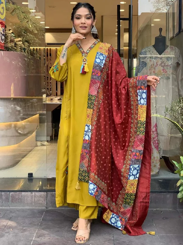 Mustard Attractive Readymade Pant Suit With Printed Embroidery Work Classic Straight Pants