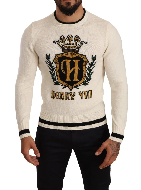 Elegant Snow-white Heraldic Cashmere Sweater Fleece Sweater Nylon Polyester