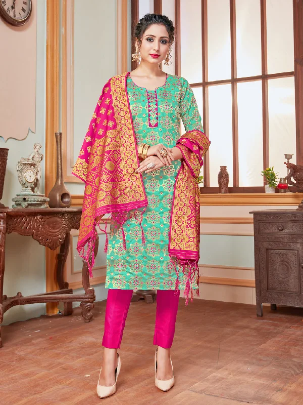 Teal Banarasi Silk Pant Suit With Wevon Design Comfy Athletic Pants