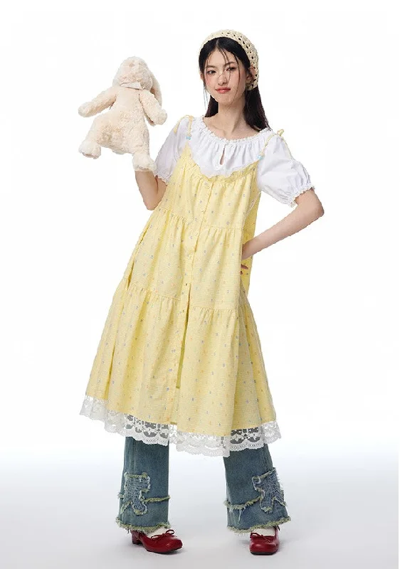 Yellow Dotted Open-front Loose A-line Suspender Dress/White Shirt NTO0090 Tunics Sale discount Yellow Dotted Open-front Loose A-line Suspender Dress/White Shirt NTO0090 Tunics Sale discount