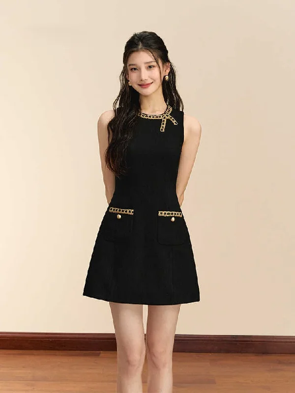 French Style Sleeveless Silk Slim Short Black Dress OSH0061 Tunics Practical easy-care