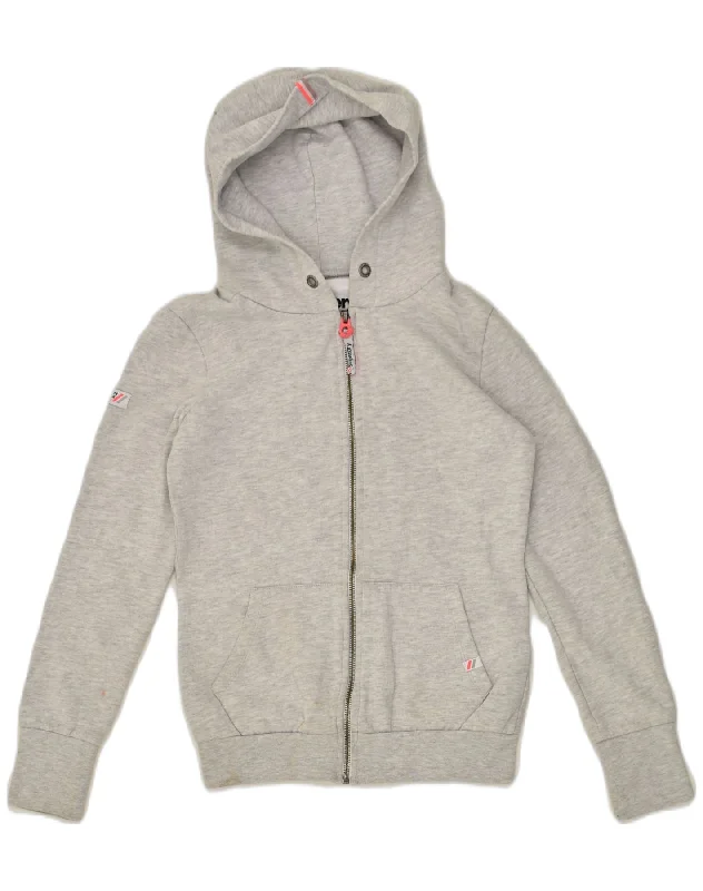 SUPERDRY Womens Zip Hoodie Sweater UK 6 XS Grey Cotton Glossy Satin Silk