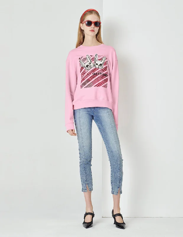 MARYLING Pink Strawberry Bunny Round Neck Ladies Hoodie Hoodie with Drop Shoulder Relaxed Streetwear