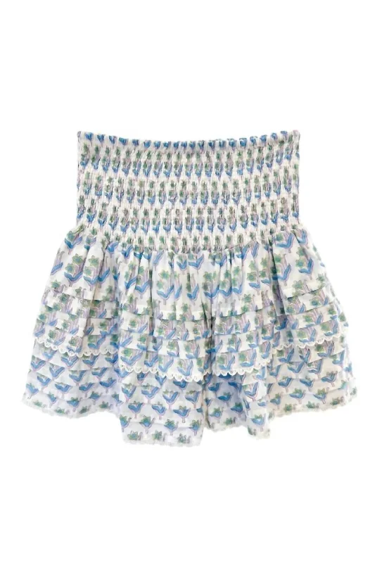 Women's Pleated Smocked Mini Skirt In Green Turquoise Print spandex blend skirt