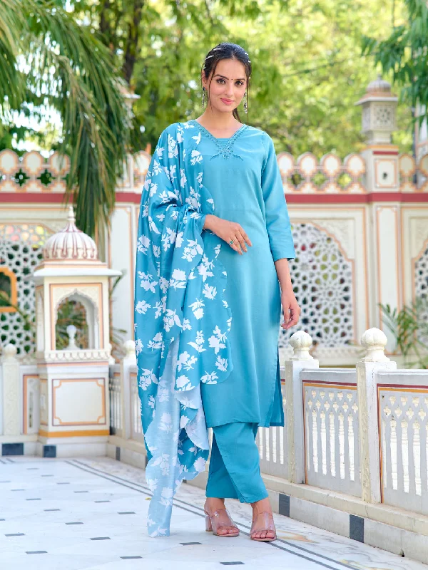 Sky Blue Designer Printed Pant Suit With Embroidery Work Chic Slim Fit Pants