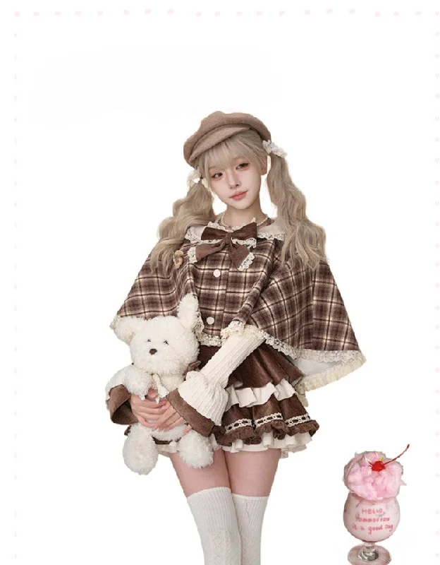 Bear Patchwork Plaid Cape/Cake Suspender Dress SER0110 A-Line Day Work