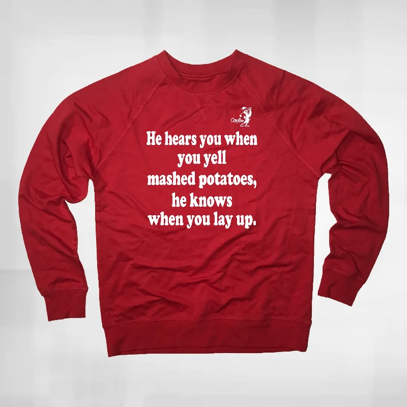 He Hears You When You Yell Mashed Potatoes He Knows When You Lay Up Christmas Golf Sweatshirt Hoodie with Applique Textured Unique