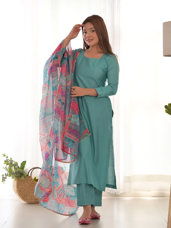 Sea Green Trendy Elementary Designer Readymade Pant Suit With Multi Floral Print Work Warm Wool Trousers Sea Green Trendy Elementary Designer Readymade Pant Suit With Multi Floral Print Work Warm Wool Trousers