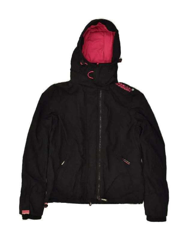 SUPERDRY Womens Hooded Windbreaker Jacket UK 14 Medium Black Nylon Notch Collar Peter Pan Collar Cowl Neck SUPERDRY Womens Hooded Windbreaker Jacket UK 14 Medium Black Nylon Notch Collar Peter Pan Collar Cowl Neck