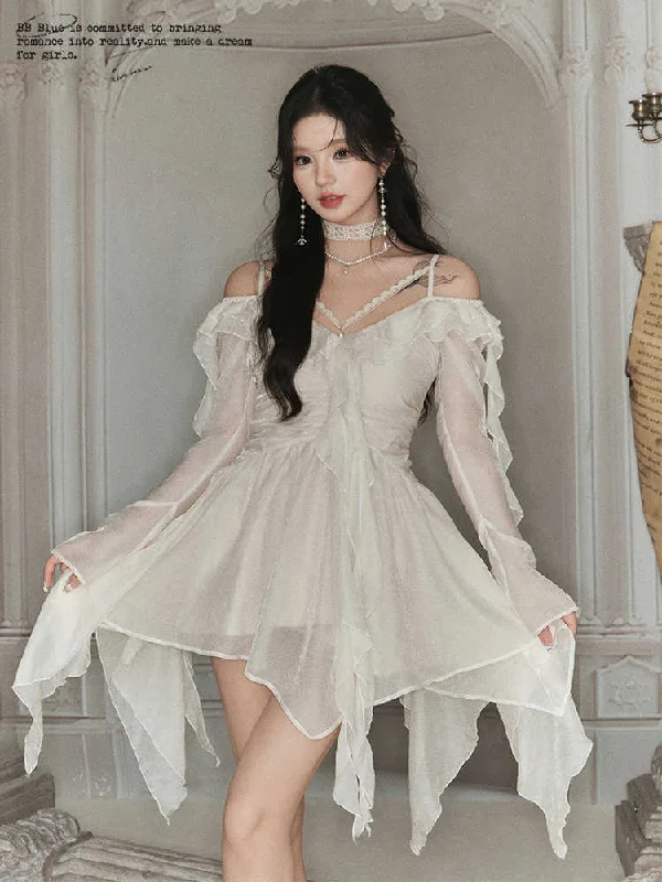 Ruffle design off-the-shoulder long-sleeved dress BBB0079 Tunics Stylish elegant