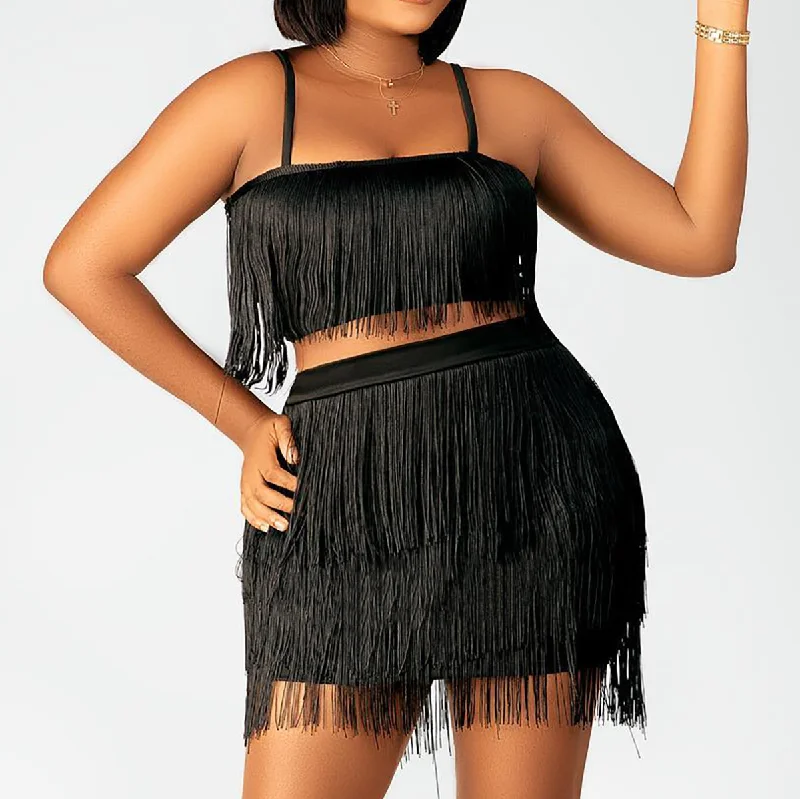 Women Summer Vacation Solid Color Tassel Crop Camis And Skirt Two-Piece Set leather skirt bold